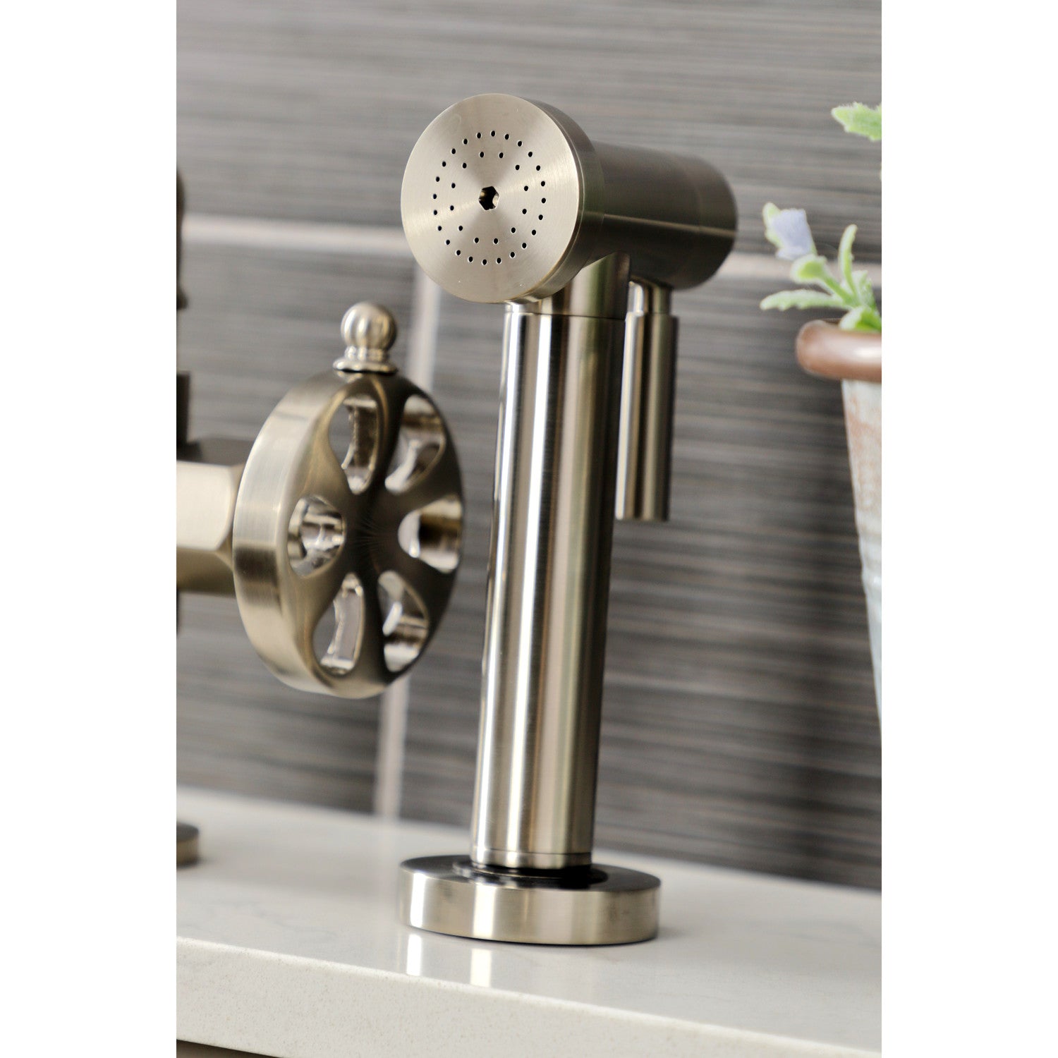 Kingston Sona KS2338RX - Belknap Two-Handle 4-Hole Deck Mount Industrial Style Bridge Kitchen Faucet with Brass Sprayer, Brushed Nickel — thumbnail 3
